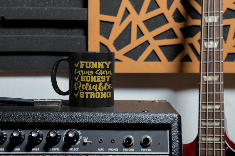 Dad: Funny, Caring Stern Honest Reliable Strong Black Coffee Mug