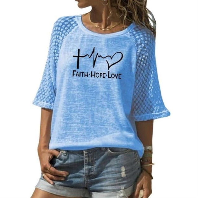 New Faith Hope Love Letters Print T-Shirt -  Lace Crew Neck