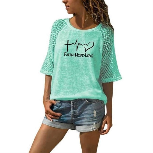New Faith Hope Love Letters Print T-Shirt -  Lace Crew Neck