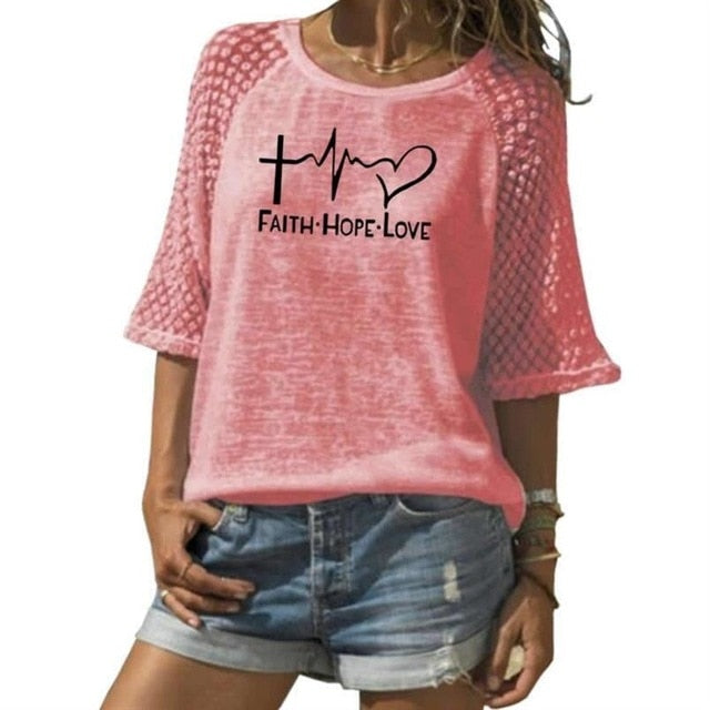 New Faith Hope Love Letters Print T-Shirt -  Lace Crew Neck