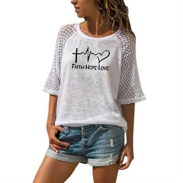 New Faith Hope Love Letters Print T-Shirt -  Lace Crew Neck